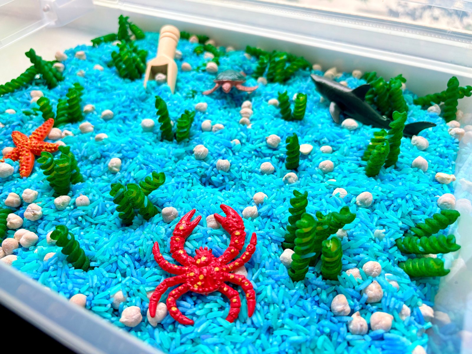 An underwater-themed sensory tray filled with bright blue rice, white pebbles, green seaweed, a red crab toy, an orange starfish, a shark toy, and a small wooden scoop, photographed from above inside a clear plastic container.