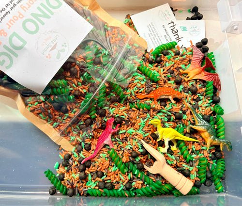 Dinosaur sensory play kit contents including sensory filler, five dinosaurs, wooden scoop and activity card