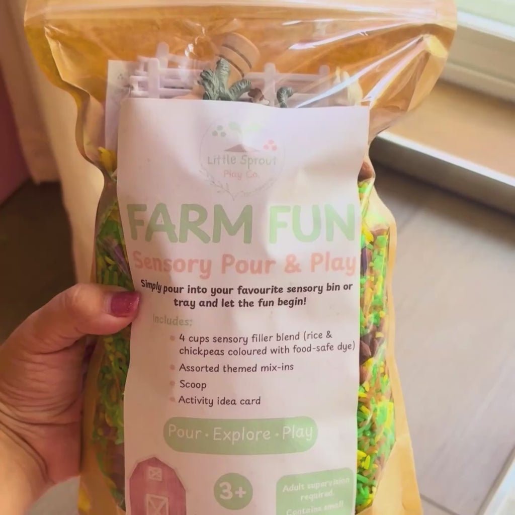 A video showing contents of the play kit dumped out into sensory bin.