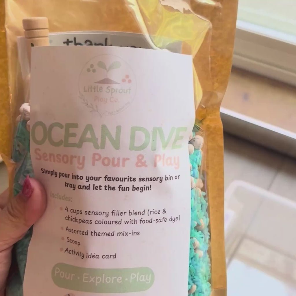 video of sensory play pouch being dumped out into sensory bin. 